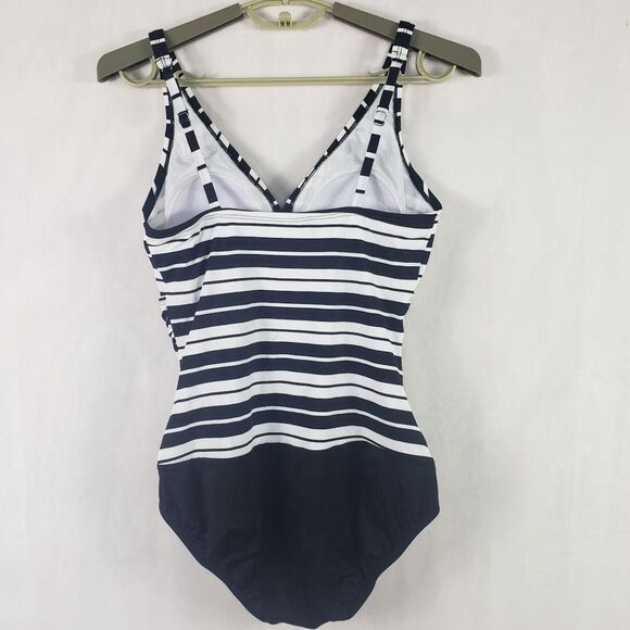 One Piece Swimsuit Womens 12 Black White Striped Tummy Control D Cup Ruched - Picture 6 of 13